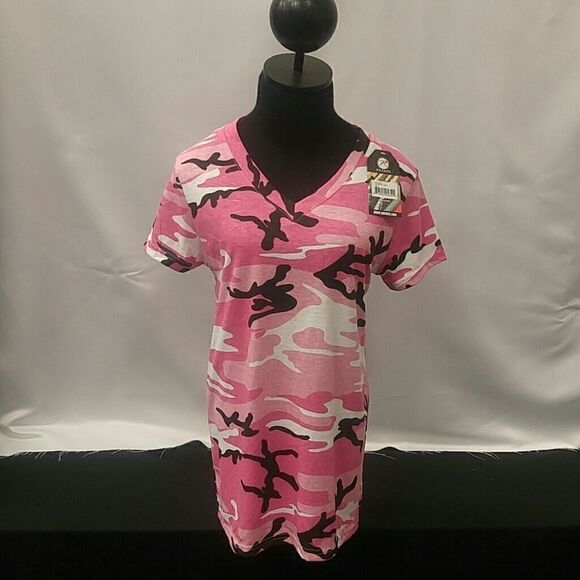 ROTHCO WOMENS PINK CAMO LONG LENGTH V NECK T SHIRT - Picture 1 of 4